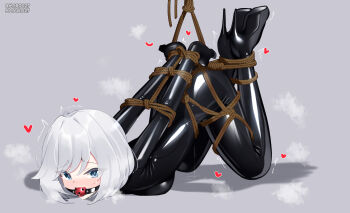 1girl absurdres arms_behind_back ball_gag bdsm black_bodysuit blue_eyes bodysuit bound bound_arms bound_legs full_body gag gagged grey_background high_heels highres latex latex_bodysuit looking_at_viewer maguro27 original rope shadow shibari shibari_over_clothes shiny_clothes short_hair skin_tight solo white_hair wiffle_gag