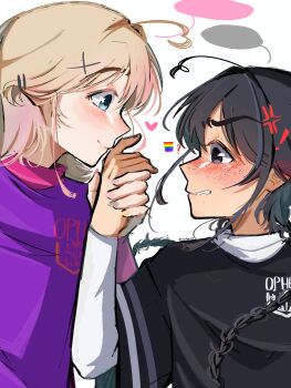 2girls anger_vein black_hair black_shirt blank_speech_bubble blonde_hair blue_eyes blush braid closed_mouth colored_speech_bubble commentary enid_sinclair freckles hashtag-only_commentary heart highres holding_hands kiss kissing_hand meme multiple_girls parted_lips pride_flag_question_mark_(meme) purple_shirt rainbow_flag shirt simple_background smile speech_bubble strawberry222 the_addams_family twin_braids wednesday_(netflix) wednesday_addams white_background yuri