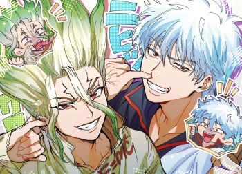 Rule 34 | 2boys, black shirt, cheek pull, chibi, chibi inset, commentary request, crossover, dr. stone, e=mc2 (equation), facial mark, finger in ear, gintama, gradient hair, green hair, grin, hair between eyes, highres, ishigami senkuu, kppn 135, long hair, long sleeves, looking at viewer, mouth pull, multicolored hair, multiple boys, notice lines, open mouth, popped collar, red eyes, sakata gintoki, shirt, short hair, smile, spiked hair, teeth, tongue, tongue out, two-tone hair, white hair