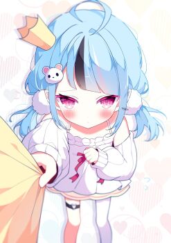 1girl ahoge animal_hair_ornament black_hair blue_hair blush closed_mouth clothes_grab commentary_request commission crown dress grabbing_another's_sleeve hair_ornament heart heart_o-ring highres indie_virtual_youtuber long_sleeves mini_crown multicolored_hair o-ring o-ring_thigh_strap pink_eyes pom_pom_(clothes) pom_pom_hair_ornament skeb_commission star_(symbol) star_in_eye streaked_hair suisei_1121 symbol_in_eye thigh_strap virtual_youtuber white_dress zenya_hima