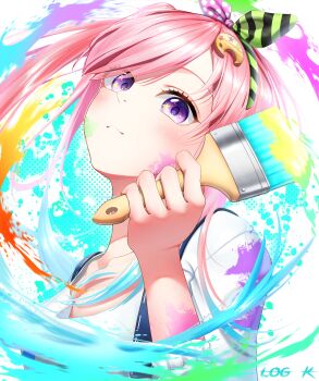 Rule 34 | 0a studio, 1girl, absurdres, airani iofifteen, airani iofifteen (1st costume), highres, holding, holding paintbrush, hololive, hololive indonesia, long hair, paint on clothes, paint splatter, paint splatter on face, paintbrush, palette hair ornament, pink hair, purple eyes, shirt, side ponytail, star (symbol), star in eye, suspenders, symbol in eye, virtual youtuber, white shirt