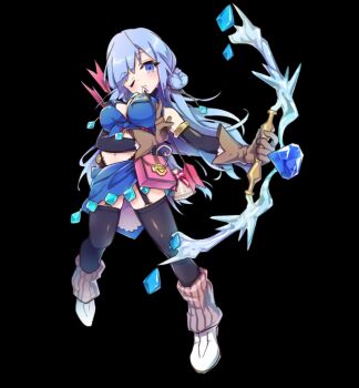 1girl arm_behind_back arrow_(projectile) bare_shoulders belt_pouch black_background black_thighhighs blue_eyes blue_hair boots bow_(weapon) breasts brown_gloves cleavage collarbone detached_sleeves double_bun front-tie_top full_body garter_straps gloves hair_bun halterneck hand_on_own_hip highres holding holding_arrow holding_bow_(weapon) holding_weapon large_breasts leaning_back leg_warmers long_hair looking_at_viewer merc_storia merc_storia_art_team navel official_art one_eye_closed parted_lips pouch quiver simple_background skirt solo standing stella_(merc_storia) tachi-e thighhighs thighs v-shaped_eyebrows weapon white_boots