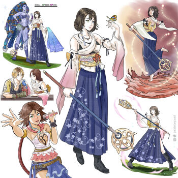 absurdres bare_shoulders beads brown_hair bug butterfly butterfly_on_hand detached_sleeves final_fantasy final_fantasy_x final_fantasy_x-2 full_body gunner_(final_fantasy) hair_beads hair_ornament hakama hakama_skirt heterochromia highres insect japanese_clothes jewelry multiple_views necklace pencilequipped shiva_(final_fantasy) skirt smile solo_focus staff_(ff10) tidus yuna_(ff10)
