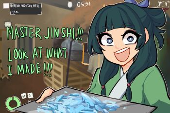 1girl absurdres beads blue_eyes blunt_bangs breaking_bad centurii-chan chinese_clothes commentary drugs english_commentary english_text eyeliner eyeshadow freckles green_hair green_robe hair_beads hair_ornament hair_over_shoulder hanfu heads-up_display highres holding holding_tray indoors kusuriya_no_hitorigoto long_hair looking_at_viewer makeup maomao_(kusuriya_no_hitorigoto) methamphetamine multi-tied_hair open_mouth payday_(series) payday_2 red_eyeliner red_eyeshadow robe smile solo teeth tray upper_teeth_only user_interface