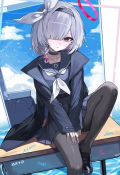 1girl alternate_hairstyle black_choker black_hairband black_jacket black_sailor_collar black_shirt black_shoes black_skirt black_thighhighs blue_archive choker commentary duplicate grey_eyes grey_hair hair_over_one_eye hairband halo highres jacket kkato loafers looking_at_viewer multicolored_hair neckerchief open_clothes open_jacket parted_lips pink_hair plana_(blue_archive) sailor_collar school_uniform serafuku shirt shoes short_hair sitting skirt solo streaked_hair thighhighs white_neckerchief