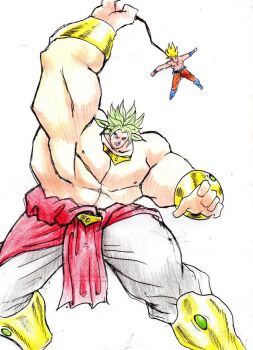 abs armlet blonde_hair bracelet broly_(dragon_ball_z) chain comic_panel_redraw curi derivative_work dragonball_z fighting_stance green_eyes holding holding_chain jewelry legendary_super_saiyan muscular muscular_male necklace pectorals simple_background son_goku super_saiyan topless_male white_background