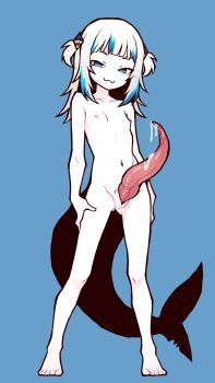 1girl :3 akableak animal_penis blue_background blue_eyes blue_hair completely_nude fins fish_tail flat_chest full_body futanari gawr_gura hair_ornament highres hololive hololive_english loli looking_at_viewer multicolored_hair navel nipples nude penis shark_tail simple_background solo streaked_hair tail toes