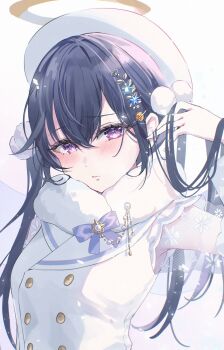1girl angel_wings beret black_hair blue_bow blush bow buttons closed_mouth double-breasted dress fur_scarf hair_ornament halo hashtag-only_commentary hat highres ichinose_uruha ichinose_uruha_(7th_costume) long_hair looking_at_viewer piyoyanagi playing_with_own_hair pom_pom_(clothes) pom_pom_hair_ornament purple_eyes see-through_clothes see-through_sleeves solo twintails twintails_day upper_body vspo! white_background white_dress white_hat white_wings wings yellow_halo