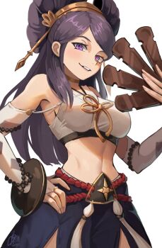 1girl armpits bare_shoulders breasts bridal_gauntlets choker detached_sleeves fire_emblem fire_emblem_fates hair_ornament hand_on_own_hip japanese_clothes large_breasts light_smile lo_kyu long_hair looking_at_viewer midriff navel nintendo orochi_(fire_emblem) purple_eyes purple_hair sideboob simple_background solo