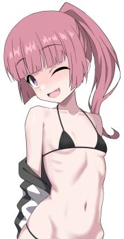 1girl alternate_hairstyle arms_behind_back bare_shoulders bikini black_bikini blunt_bangs blush bocchi_the_rock! breasts commentary fang halulu highres hiroi_kikuri looking_at_viewer medium_hair micro_bikini navel one_eye_closed open_mouth pink_hair ponytail purple_eyes simple_background small_breasts smile solo stomach swimsuit turning_head upper_body white_background