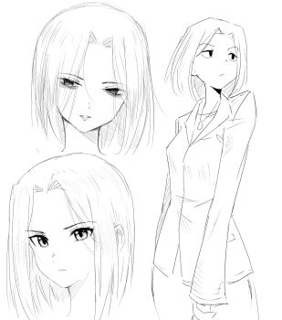 1girl absurdres bad_tag bob_cut chaos;head commission commissioner_upload dress gloves grin highres jacket jewelry looking_at_viewer monochrome multiple_views necklace nishijou_matriarch non-web_source optaku science_adventure serious shiny_eyes short_hair simple_background sketch smile solo