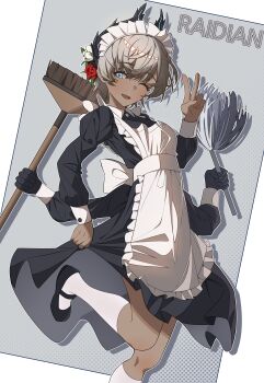 1girl absurdres alternate_costume apron arknights bird_girl black_dress black_feathers black_gloves black_shoes blue_eyes blush broom character_name commentary_request dark-skinned_female dark_skin dress duster enmaided extra_arms feather_duster feathers flower frilled_apron frills gloves grey_hair hair_flower hair_ornament head_wings highres holding holding_broom holding_duster maid maid_headdress mary_janes one_eye_closed open_mouth raidian_(arknights) selene_(yechan1245) shoes short_hair smile socks solo unusually_open_eyes v white_apron white_background white_socks wings