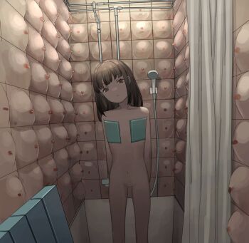1girl arms_behind_back breasts brown_eyes brown_hair closed_mouth collarbone completely_nude curtains dot_nose head_tilt large_breasts looking_at_viewer medium_hair navel nude original shower_(place) shower_head solo standing surreal tensen_(dotted_line) tiles too_many what