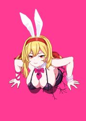 Rule 34 | 1girl, absurdres, alternate costume, animal ears, blonde hair, bow, bowtie, breasts, cleavage, detached collar, fake animal ears, hairband, highres, hololive, hololive indonesia, kaela kovalskia, large breasts, leopxl, medium hair, parody, pink background, pixel art, rabbit ears, rabbit hole (vocaloid), red eyes, smile, solo, sweat, through wall, vocaloid