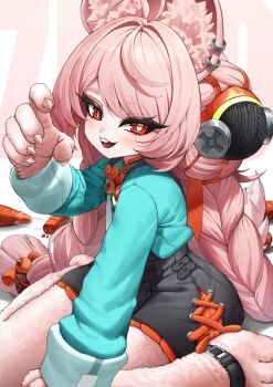 1girl absurdres animal_ears black_shorts blush body_fur braid bright_pupils commentary_request fingernails furry furry_female green_jacket highres jacket long_hair long_sleeves looking_at_viewer mikelee0614 open_mouth pink_fur rabbit_ears rabbit_girl rabbit_tail red_eyes shorts solo tail teeth twin_braids upper_teeth_only white_pupils zenless_zone_zero zhao_(zenless_zone_zero)