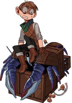 1boy black_pants boots brown_boots brown_gloves brown_vest chilchuck_tims coin commentary crustacean dungeon_meshi english_commentary gloves male_focus mimic pants rosy_(rosygloomart) short_hair sitting solo sweatdrop transparent_background vest
