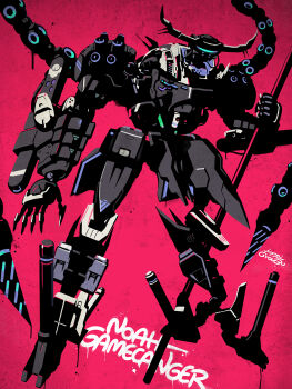 character_name club_(weapon) cradle_coffin floating full_body gun gyoubu_ippei high_contrast highres holding holding_club holding_weapon horns joints mecha mechanical_horns mechanical_tentacles no_humans noah_gamechanger robot robot_joints signature synduality synduality_noir walker_(robot) weapon