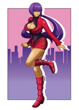 android ankle_boots belt_boots boots breasts cleavage_cutout clothing_cutout commentary cosplay deniacp english_commentary gradient_background hair_over_eyes high_heel_boots high_heels highres jacket large_breasts layer_(mega_man) leg_up lipstick long_hair looking_at_viewer makeup miniskirt mole mole_under_eye orochi_shermie orochi_shermie_(cosplay) pink_background ponytail purple_background red_boots red_jacket red_lips red_skirt shermie_(kof) shermie_(kof)_(cosplay) sidelocks skirt the_king_of_fighters turtleneck underbust