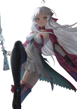 1girl absurdres ahoge aqua_eyes bell_(only-id_228) black_gloves boots bow breasts carlotta_(wuthering_waves) commentary dress gloves gun hair_bow highres holding holding_gun holding_weapon jacket long_hair looking_at_viewer medium_breasts parted_bangs parted_lips pink_bow pink_jacket pink_thighhighs rifle simple_background solo thigh_boots thighhighs thighhighs_under_boots thighs weapon white_background white_dress wuthering_waves