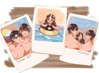 1girl 2boys beach biyoo_(omniscient_reader&#039;s_viewpoint) black_eyes black_hair grin hand_on_another&#039;s_shoulder highres kim_dokja lifebuoy multiple_boys no_shirt ocean omniscient_reader&#039;s_viewpoint outstretched_arms pectorals personification photo_(object) short_hair smile swim_ring upper_body verralynn water yoo_joonghyuk
