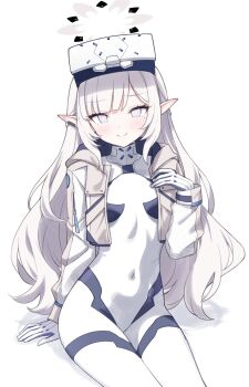 Rule 34 | 1girl, arm support, blue archive, blunt bangs, blush, bodysuit, breasts, brown jacket, chinese commentary, closed mouth, commentary request, covered navel, cowboy shot, cropped jacket, earclip, grey halo, halo, hand up, head-mounted display, highres, himari (blue archive), himari (bodysuit) (blue archive), jacket, jyt, long hair, long sleeves, looking at viewer, mole, mole under eye, multicolored jacket, official alternate costume, open clothes, open jacket, parted bangs, partial commentary, pointy ears, sidelocks, simple background, sitting, small breasts, smile, solo, two-tone jacket, very long hair, white background, white bodysuit, white eyes, white hair, white jacket