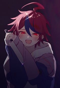 Rule 34 | 1boy, ahoge, blue hair, blue jacket, blush, commentary request, film grain, glint, grey jacket, hair between eyes, highres, holding, holding knife, hood, hood down, hoodie, jacket, jacket over hoodie, knife, long sleeves, male focus, multicolored hair, multicolored jacket, no sclera, official alternate eye color, open mouth, purple background, raised inner eyebrows, red eyes, red hair, short hair, sieg gs, sleeves past wrists, smile, solo, spoilers, streaked hair, sumino takumi, the hundred line -last defense academy-, two-tone hair, two-tone jacket, upper body, white hoodie