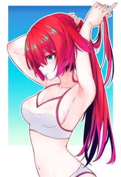 1girl adjusting_hair amate_yuzuriha armpits bare_shoulders bikini breasts green_eyes gundam gundam_gquuuuuux hairdressing large_breasts long_hair navel red_hair swimsuit white_bikini