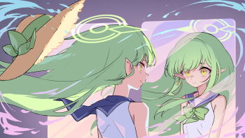 2girls blue_archive blue_sailor_collar bow brown_hat closed_mouth commentary_request dress earrings floating_hair green_bow green_hair halo hat hat_bow highres hikari_(blue_archive) jewelry long_hair multiple_girls nozomi_(blue_archive) osisio pointy_ears sailor_collar sailor_dress siblings sisters sleeveless sleeveless_dress straw_hat twins unworn_hat unworn_headwear upper_body very_long_hair white_dress