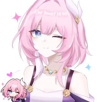 1girl ;) bare_shoulders blue_eyes chibi chibi_inset chinese_commentary coat commentary_request cyrene_(aedes_elysiae)_(honkai:_star_rail) cyrene_(honkai:_star_rail) hair_ornament highres honkai:_star_rail honkai:_star_rail_sticker_redraw_(meme) honkai_(series) jewelry looking_at_viewer meme multicolored_hair necklace one_eye_closed pink_hair purple_coat short_hair simple_background smile solo two-tone_hair white_background white_hair xirana58059