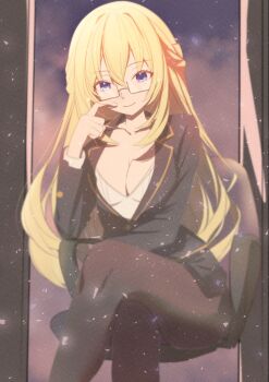 1girl absurdres black_jacket black_pantyhose blonde_hair blue_eyes breasts choujigen_game_neptune cleavage commentary crossed_legs english_commentary glasses hair_between_eyes highres jacket large_breasts long_hair long_sleeves looking_at_viewer neptune_(series) office_lady pantyhose semi-rimless_eyewear solo under-rim_eyewear vert_(neptunia) xueli_shimazaki