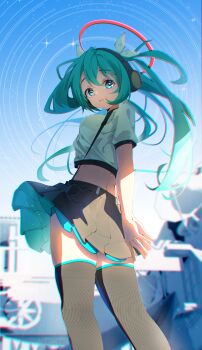 1girl absurdres aqua_eyes aqua_hair aqua_trim arms_behind_back black_skirt blurry blurry_background boqee breasts hair_between_eyes hair_ornament halo hatsune_miku headset highres long_hair looking_at_viewer medium_breasts midriff miniskirt parted_lips pleated_skirt red_halo shirt short_sleeves skirt solo thick_thighs thighhighs thighs twintails very_long_hair vocaloid white_shirt zettai_ryouiki