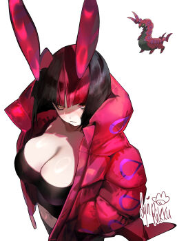 1girl antennae arthropod_girl black_dress black_hair breasts bug centipede centipede_girl cleavage closed_mouth down_jacket dress dyarikku gen_5_pokemon highres jacket large_breasts nintendo pokemon pokemon_(creature) red_hair red_jacket scolipede short_hair strapless strapless_dress tube_dress white_background yellow_eyes