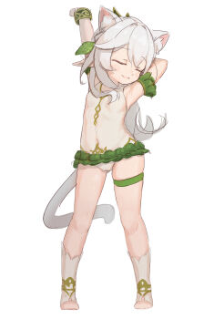 1girl absurdres animal_ear_fluff animal_ears arm_up armpits cat_ears cat_girl cat_tail chack520 closed_eyes commentary facing_viewer frills full_body genshin_impact highres kemonomimi_mode leotard loli nahida_(genshin_impact) pointy_ears simple_background sketch skindentation solo stirrup_footwear stretching tail thigh_strap untranslatable_commentary white_background white_hair white_leotard