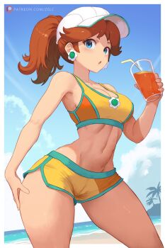 1girl aqua_trim beach blue_eyes blue_sky breasts brown_hair cleavage cloud commentary crop_top cup day drink drinking_straw english_commentary flower hat highres holding holding_cup looking_at_viewer mario_(series) mario_kart mario_kart_world medium_breasts midriff navel nintendo ocean open_mouth orange_shorts outdoors patreon_logo patreon_username ponytail princess_daisy princess_daisy_(swimwear)_(mario_kart_world) short_hair shorts sky solo summer white_hat zelc-face