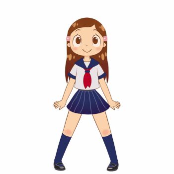 1girl :&gt; animated animated_gif black_shoes blue_skirt blue_socks blush brown_eyes brown_hair hair_ornament hairclip jumping kneehighs long_hair looking_at_viewer mary_janes neckerchief original red_neckerchief school_uniform shirt shoes short_sleeves skirt smile socks white_background white_shirt yamanokonza