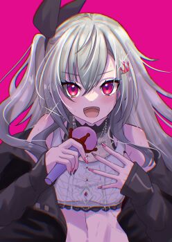 1girl absurdres akina_(user_ucnd3578) black_jacket crown_hair_ornament grey_hair highres holding holding_microphone hololive hololive_dev_is isaki_riona isaki_riona_(1st_costume) jacket microphone nail_polish pink_nails purple_background red_eyes shirt smile solo virtual_youtuber white_shirt