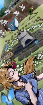 Rule 34 | 1boy, 1girl, absurdres, blue butterfly, blue dress, breasts, brown hair, bug, butterfly, cucco, day, dress, fleeing, freckles, grass, gus uur, hand on own chest, highres, insect, link, long hair, marin (zelda), medium breasts, music, nintendo, outdoors, running, signpost, singing, the legend of zelda, the legend of zelda: link's awakening, weather vane