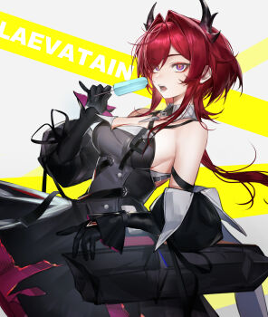 Rule 34 | 1girl, absurdres, arknights, arknights: endfield, bare shoulders, black dress, black gloves, breasts, cleavage, commentary request, demon girl, demon horns, detached sleeves, dress, food, gloves, hair intakes, highres, holding, holding food, holding popsicle, horns, kai23506412, laevatain (arknights), popsicle, purple eyes, red hair, short hair, sideboob, sidelocks, sleeveless, sleeveless dress, slit pupils, solo, surtr (arknights)