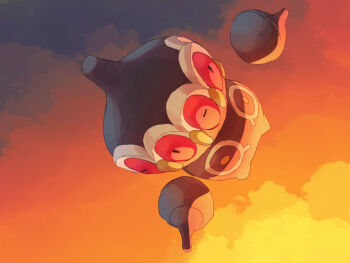 claydol commentary_request extra_eyes flying full_body fusenryo gen_3_pokemon horns nintendo no_humans pokemon pokemon_(creature) pokemon_focus red_eyes single_horn sky solo