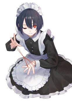 1boy ;) apron black_dress black_hair cat&#039;s_cradle closed_mouth crossdressing crossdressing_(mtf) dress frilled_apron frills from_above full_body hair_between_eyes highres hikarinohitori maid maid_apron maid_headdress male_focus male_maid one_eye_closed original red_eyes short_hair simple_background sitting smile solo trap waist_apron white_apron white_background