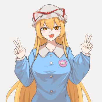 1girl alternate_costume blonde_hair blue_shirt breasts children's_day commentary_request double_v fang hat hat_ribbon heart heart_in_mouth highres kindergarten_uniform kodomo_no_hi korean_commentary large_breasts long_hair long_sleeves looking_at_viewer mob_cap open_mouth red_ribbon ribbon shirt skin_fang smile solo touhou upper_body v very_long_hair white_hat wjjw1732 yakumo_yukari yellow_eyes
