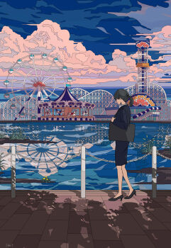 1girl amusement_park bag black_hair black_shoes carousel chain cloud cloudy_sky commentary_request dandelion facing_away ferris_wheel flat_color flower formal_clothes handbag high_heels highres ligne_claire office_lady original outdoors pencil_skirt ponytail pumps reflection reflective_water roller_coaster seraphitalg sett shoes signature skirt skirt_suit sky solo stanchion standing suit water wide_shot