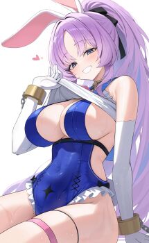 1girl absurdres animal_ears armpit_crease bare_shoulders blue_eyes blue_leotard breasts cleavage clothes_lift collar commentary covered_navel elbow_gloves frilled_one-piece_swimsuit frills g_home gloves grin hair_ribbon hand_up heart high_ponytail highres large_breasts leotard lifting_own_clothes long_hair looking_at_viewer one-piece_swimsuit ponytail purple_hair rabbit_ears ribbon shia_(stella_sora) shirt shirt_lift simple_background sleeveless sleeveless_shirt smile solo stella_sora swimsuit thigh_strap very_long_hair wet white_background white_gloves white_shirt