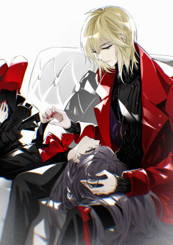 1boy 1girl alkaid_mcgrath black_dress black_pants black_sweater blonde_hair bow bowtie braid chromatic_aberration closed_mouth coat coldiron couch dress green_eyes grey_eyes hair_ribbon hand_in_another&#039;s_hair hand_on_another&#039;s_head heroine_(lovebrush_chronicles) hetero highres holding_hands jewelry lap_pillow light_smile long_hair long_sleeves looking_at_another lovebrush_chronicles lying nail_polish necklace on_back on_couch open_clothes open_coat pants pantyhose pendant purple_hair red_bow red_bowtie red_coat red_nails red_pantyhose red_ribbon ribbon short_hair side_braid simple_background single_braid sitting smile sweater turtleneck turtleneck_sweater white_background