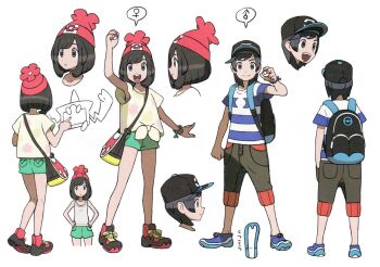 1boy 1girl armpits artist_request backpack bag bare_shoulders baseball_cap beanie black_eyes black_hair bob_cut child concept_art curled_fingers elio_(pokemon) facing_viewer flat_chest floating floral_print from_behind from_side full_body gen_4_pokemon green_shorts hands_in_pockets hands_on_own_hips happy hat heel_up holding holding_poke_ball kneepits knees legs looking_at_viewer medium_hair mullet multiple_views nintendo official_art open_mouth outstretched_arms poke_ball pokemon pokemon_sm red_hat rotom rotom_dex selene_(pokemon) shirt shoe_soles shoes short_shorts short_sleeves shorts shoulder_bag sidelocks sleeveless sneakers standing striped_clothes striped_shirt surprised swept_bangs tank_top tied_shirt unworn_shirt white_background wide_sleeves wristband z-ring