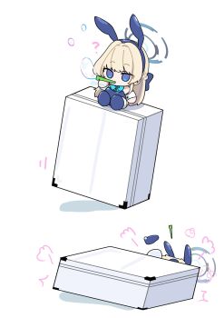 1girl ? animal_ears aqua_bow aqua_bowtie blonde_hair blowing_bubbles blue_archive blue_eyes blue_hairband blue_halo blue_leotard bow bowtie bubble bubble_pipe chibi fake_animal_ears fallen_down hairband halo highres koyuuuuuuuuuuu leotard long_hair official_alternate_costume playboy_bunny rabbit_ears sitting soap_bubbles strapless thighhighs toki_(blue_archive) toki_(bunny)_(blue_archive) white_thighhighs white_wrist_cuffs wrist_cuffs