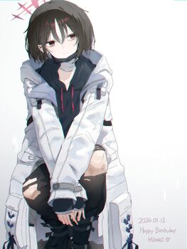 1girl black_mask black_pants blue_archive blue_hoodie brown_eyes brown_hair commentary_request gradient_background grey_background hair_between_eyes halo highres hood hoodie jacket mask medium_hair misaki_(blue_archive) mouth_mask pants red_halo s0lari_sub solo torn_clothes torn_pants white_background white_jacket