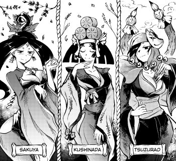 3girls absurdres al_chemist ass_cutout beads between_breasts black_hair breasts character_name cleavage clothing_cutout cloud earrings facial_mark forehead_mark fox_mask greyscale hair_ornament hair_over_one_eye hakama highres hood issun japanese_clothes jewelry kimono kushinada_(ookami) leaf leaf_hair_ornament light_smile mask mole mole_under_eye monochrome multiple_girls multiple_tails obi ofuda ookami_(game) paintbrush prayer_beads rice rice_bale sakuya_(ookami) sash tail tsuzurao