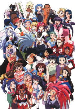 1990s_(style) 5boys 6+girls afura_mann alielle amano_misao_(pretty_sammy) crossover dark-skinned_female dark-skinned_male dark_skin eating el_hazard hakubi_washuu hand_fan high_ponytail high_side_ponytail highres holding holding_fan ifurita ifurita_tv jessie_gurtland jinnai_katsuhiko jinnai_nanami kanzaki_akari kawai_sasami kumashiro_sakuya kuramitsu_mihoshi long_hair mahou_shoujo_pretty_sammy makibi_kiyone masaki_aeka_jurai masaki_sasami_jurai masaki_tenchi miz_mishtal mizuhara_makoto multiple_boys multiple_girls pixy_misa ponytail pretty_sammy_(character) ramia_(mahou_shoujo_pretty_sammy) retro_artstyle rumiya rune_venus ryou-ouki ryouko_(tenchi_muyou!) scan shayla-shayla shin_tenchi_muyou! simple_background tanya_natdhipytadd tenchi_muyou! tenchi_muyou!_uchuu_hen tsunami_(tenchi_muyou!) very_long_hair white_background