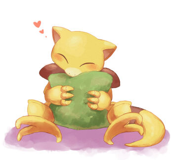 Rule 34 | abra, absurdres, blush, claws, closed eyes, gen 1 pokemon, green pillow, heart, highres, hugging object, nintendo, no humans, nostrils, pillow, pillow hug, pokemon, pokemon (creature), simple background, sitting, solo, white background, y m 10kas